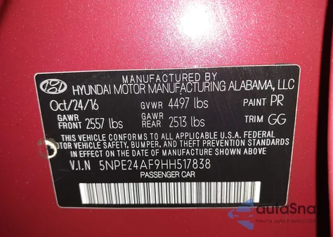 2017 Hyundai Sonata z USA, uszkodzony, nr VIN 5NPE24AF9HH517838